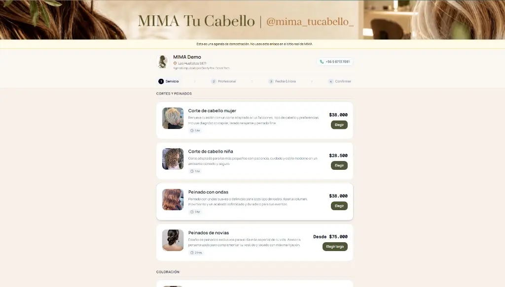 Lo que ve el cliente: catálogo de servicios y reserva por pasos en MIMA Demo